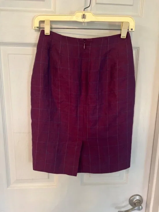 Vintage 90s Linda Allard Ellen Tracy Purple Linen Pencil Skirt 2 Petite Mini Off - Picture 2 of 8